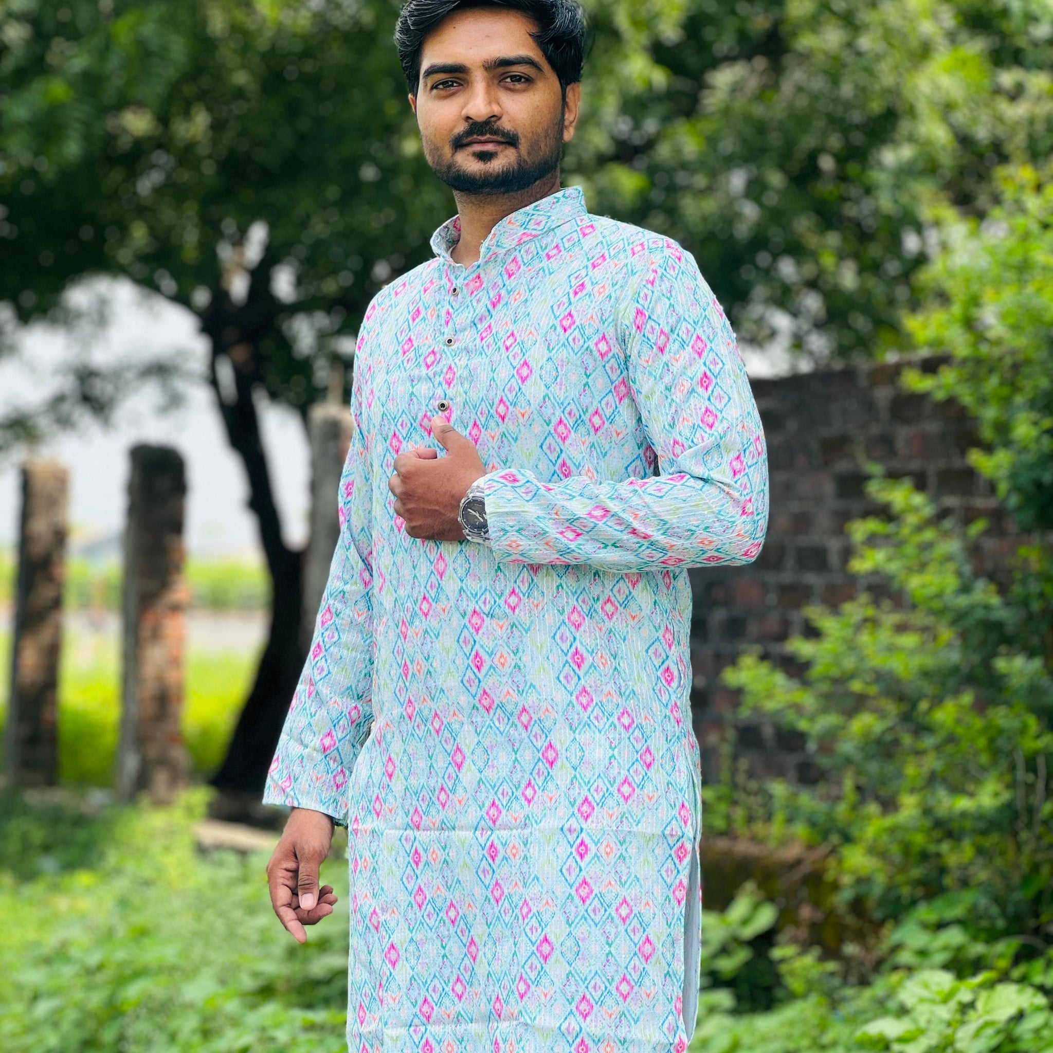 Embroidery work with Digital Print Cotton Kurta in Sky colour.