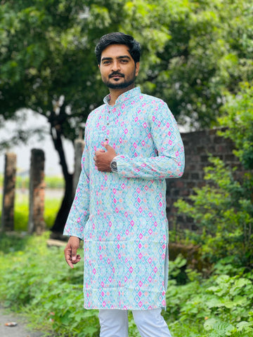 Embroidery work with Digital Print Cotton Kurta in Sky colour.