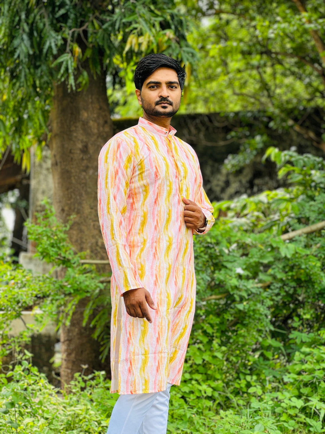 Embroidery work with Digital Print Cotton Kurta in Reddish Orange color.