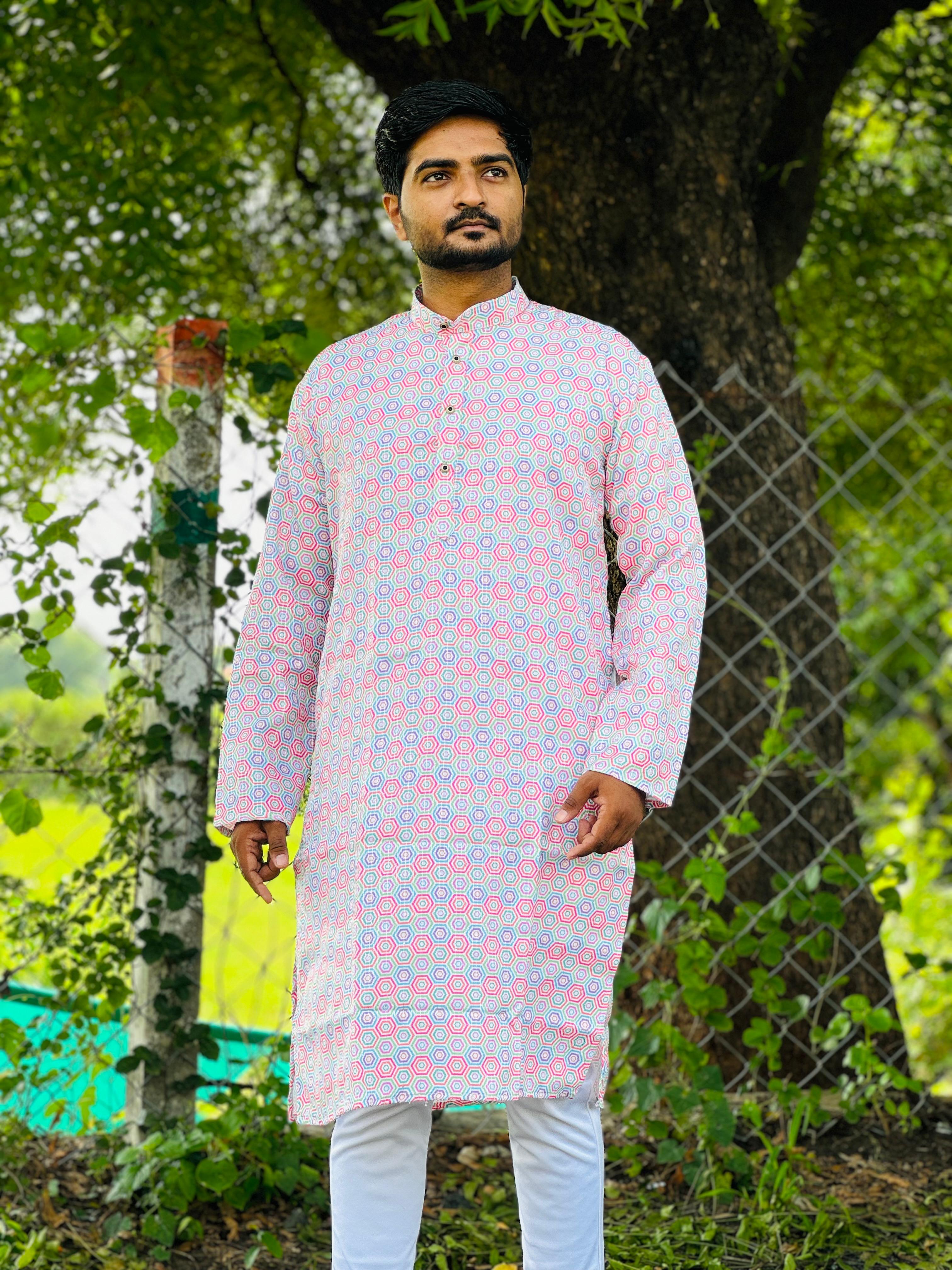 Embroidery work with Digital Print Cotton Kurta in Pink Colour.