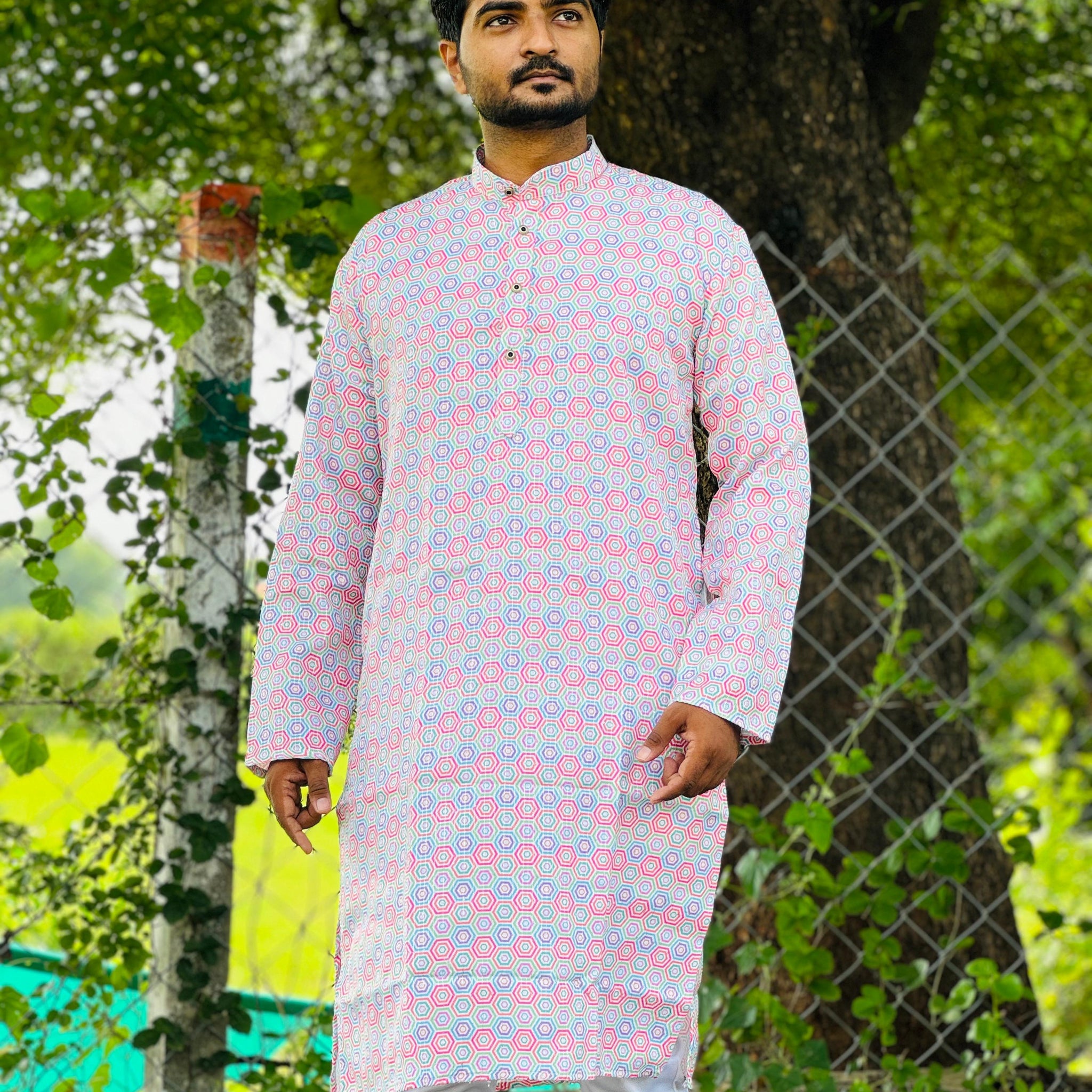 Embroidery work with Digital Print Cotton Kurta in Pink Colour.