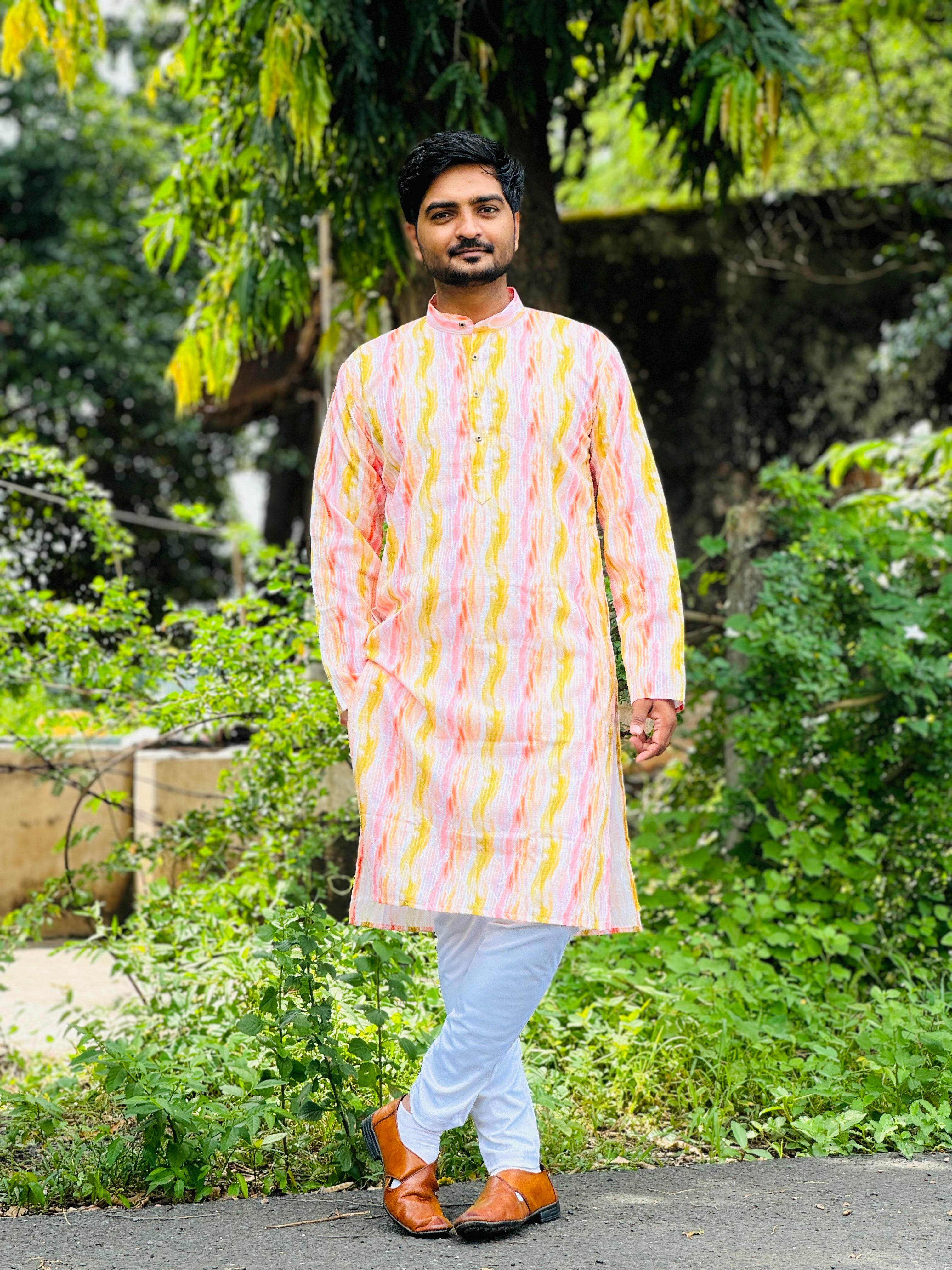 Embroidery work with Digital Print Cotton Kurta in Reddish Orange color.