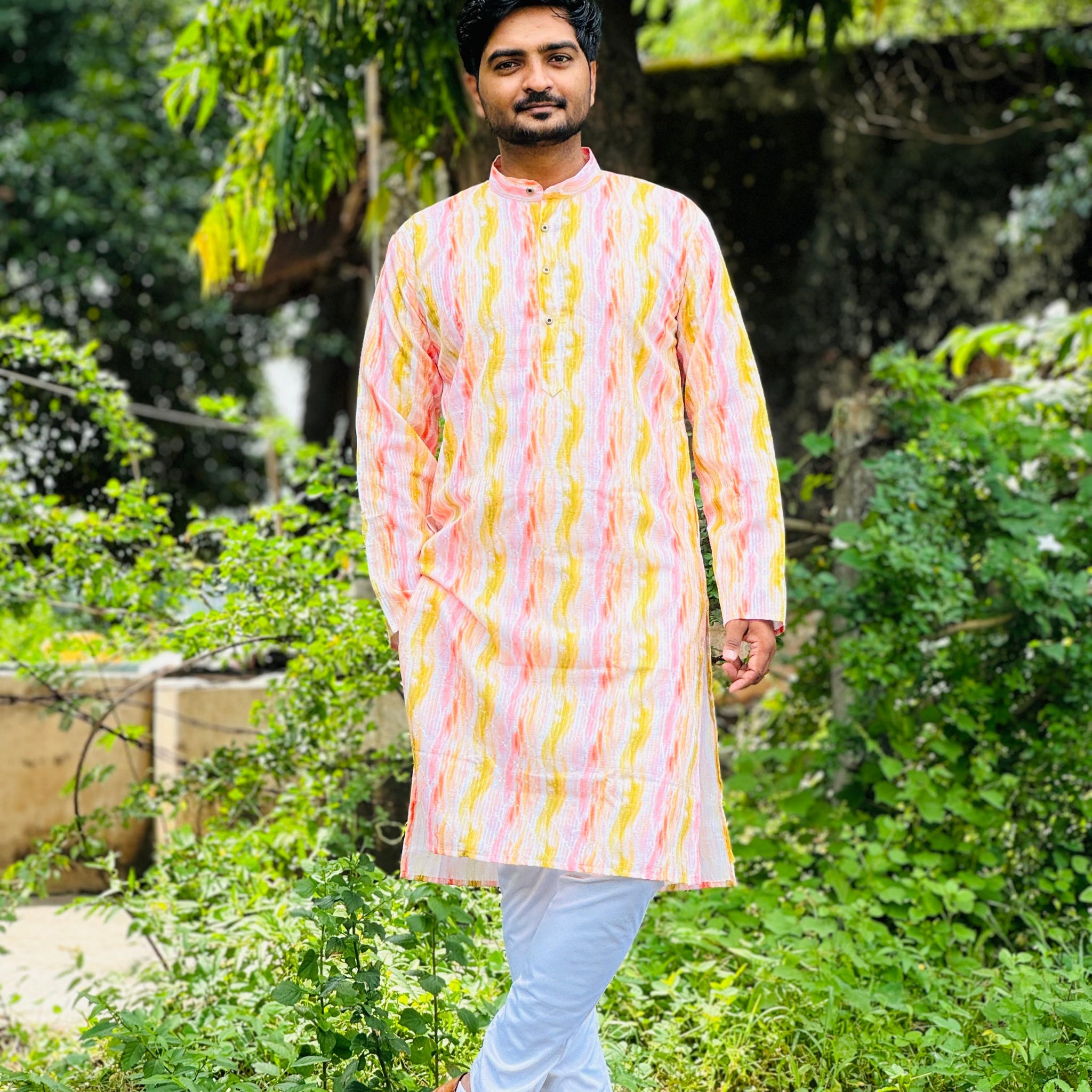 Embroidery work with Digital Print Cotton Kurta in Reddish Orange color.