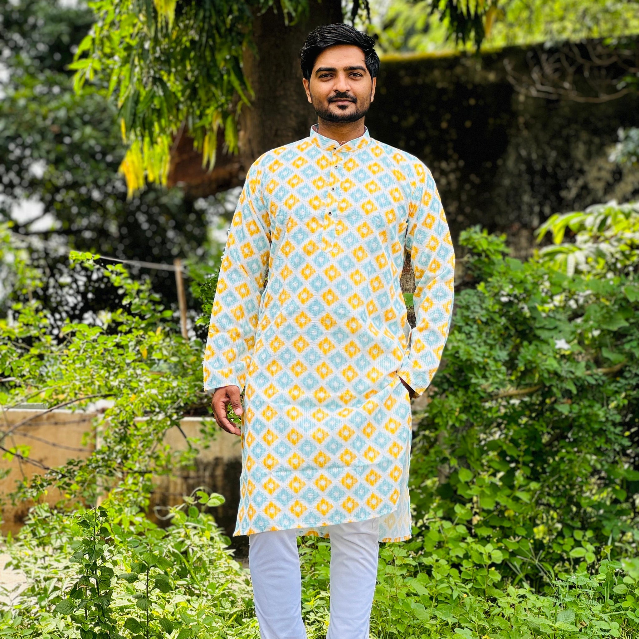 Embroidery work with Digital Print Cotton Kurta in Yellow Color.