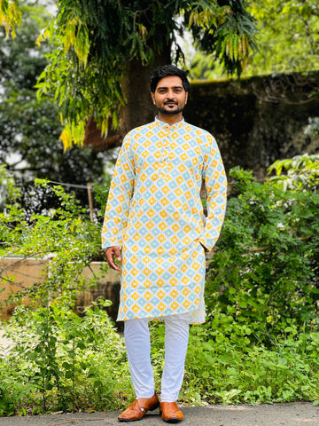 Embroidery work with Digital Print Cotton Kurta in Yellow Color.