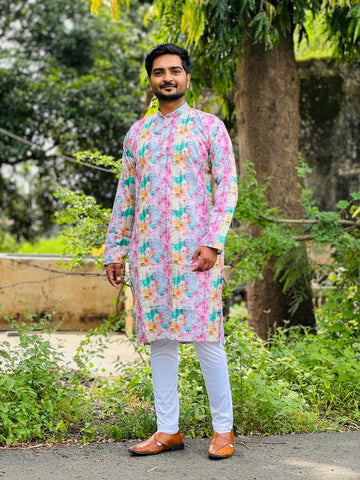 Embroidery work with Digital Print Cotton Kurta in Floral Color.