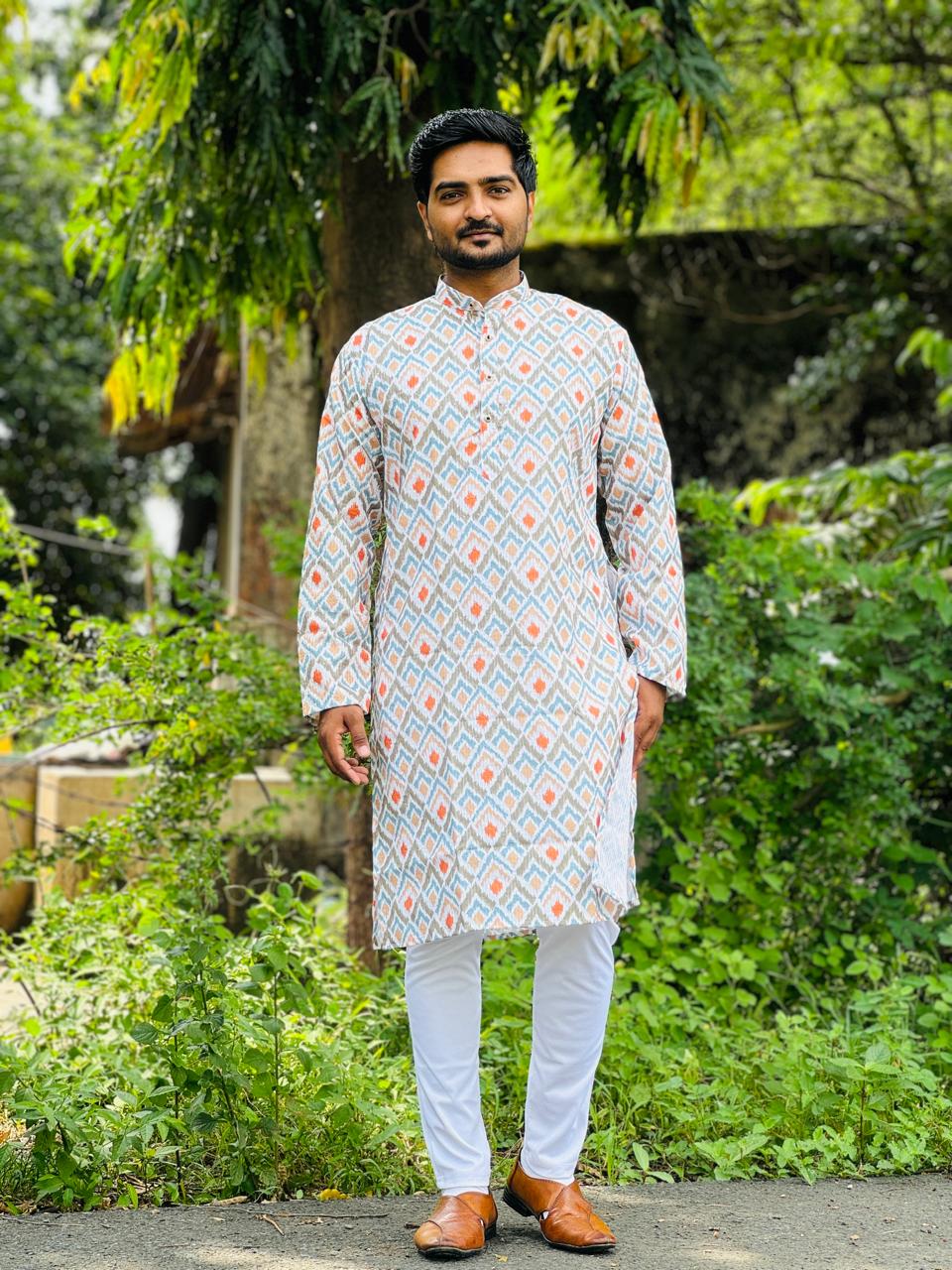 Embroidery work with Digital Print Cotton Kurta in Blue Color.