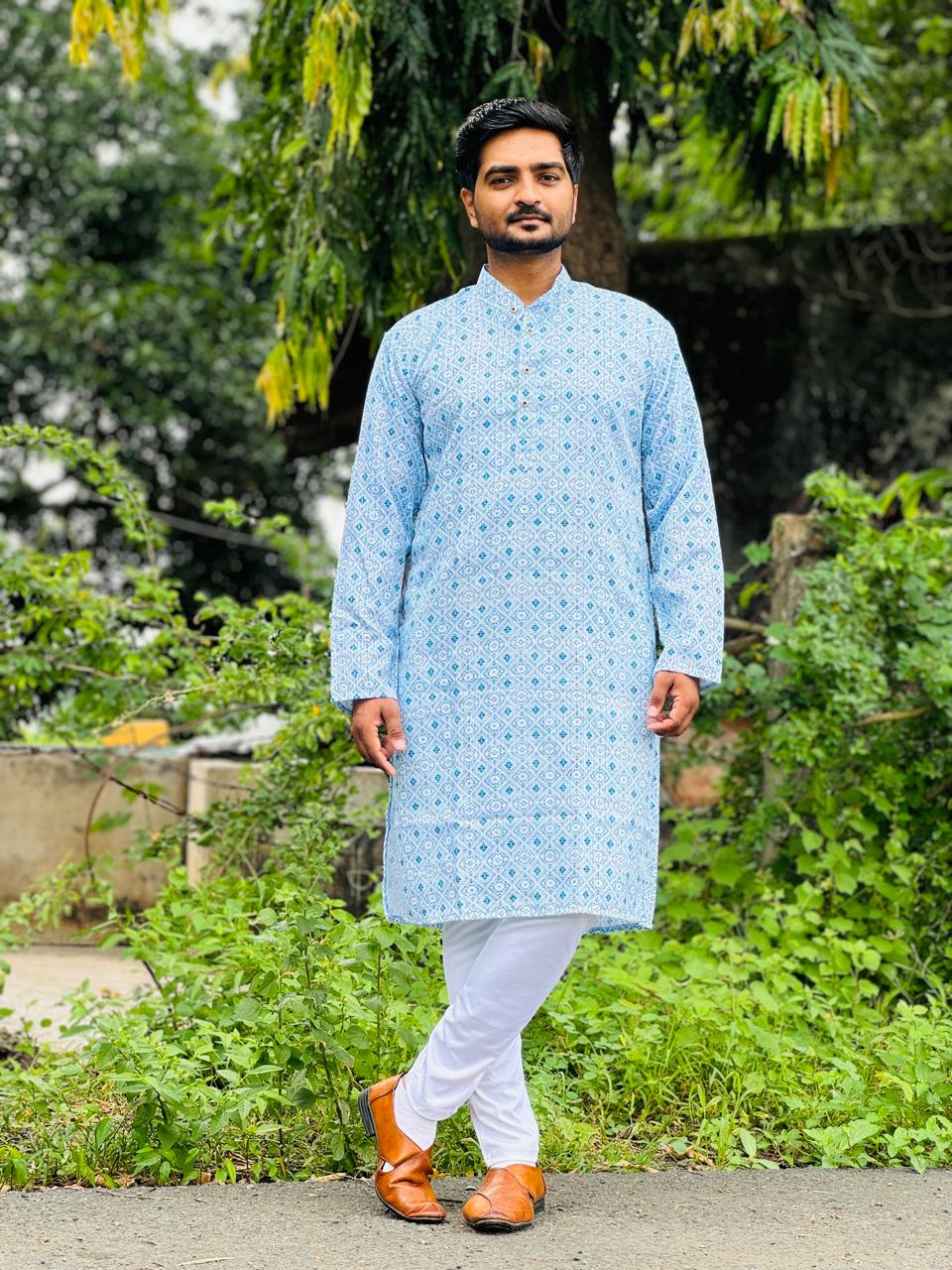 Embroidery work with Digital Print Cotton Kurta in Light Blue Color.