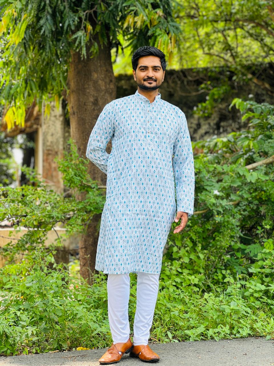 Embroidery work with Digital Print Cotton Kurta in Soft Blue Color.