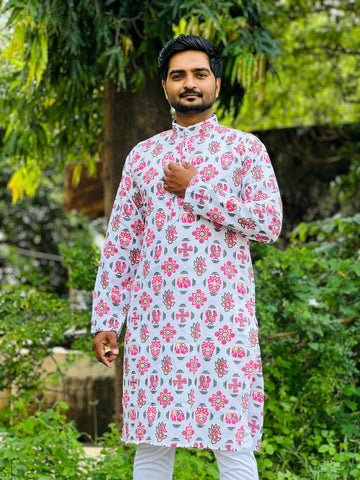 Embroidery work with Digital Print Cotton Kurta in Pink Floral Color