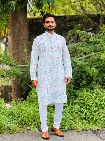 Embroidery work with Digital Print Cotton Kurta in Sky and Pink Color