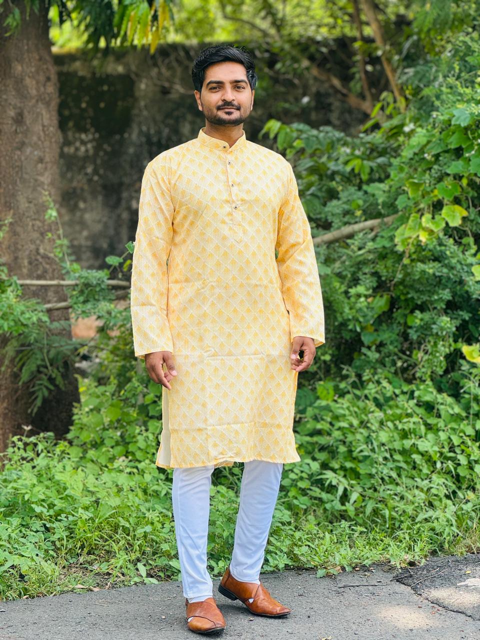 Embroidery work with Digital Print Cotton Kurta in Light Yellow Color.