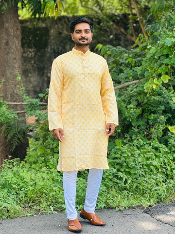 Embroidery work with Digital Print Cotton Kurta in Light Yellow Color.