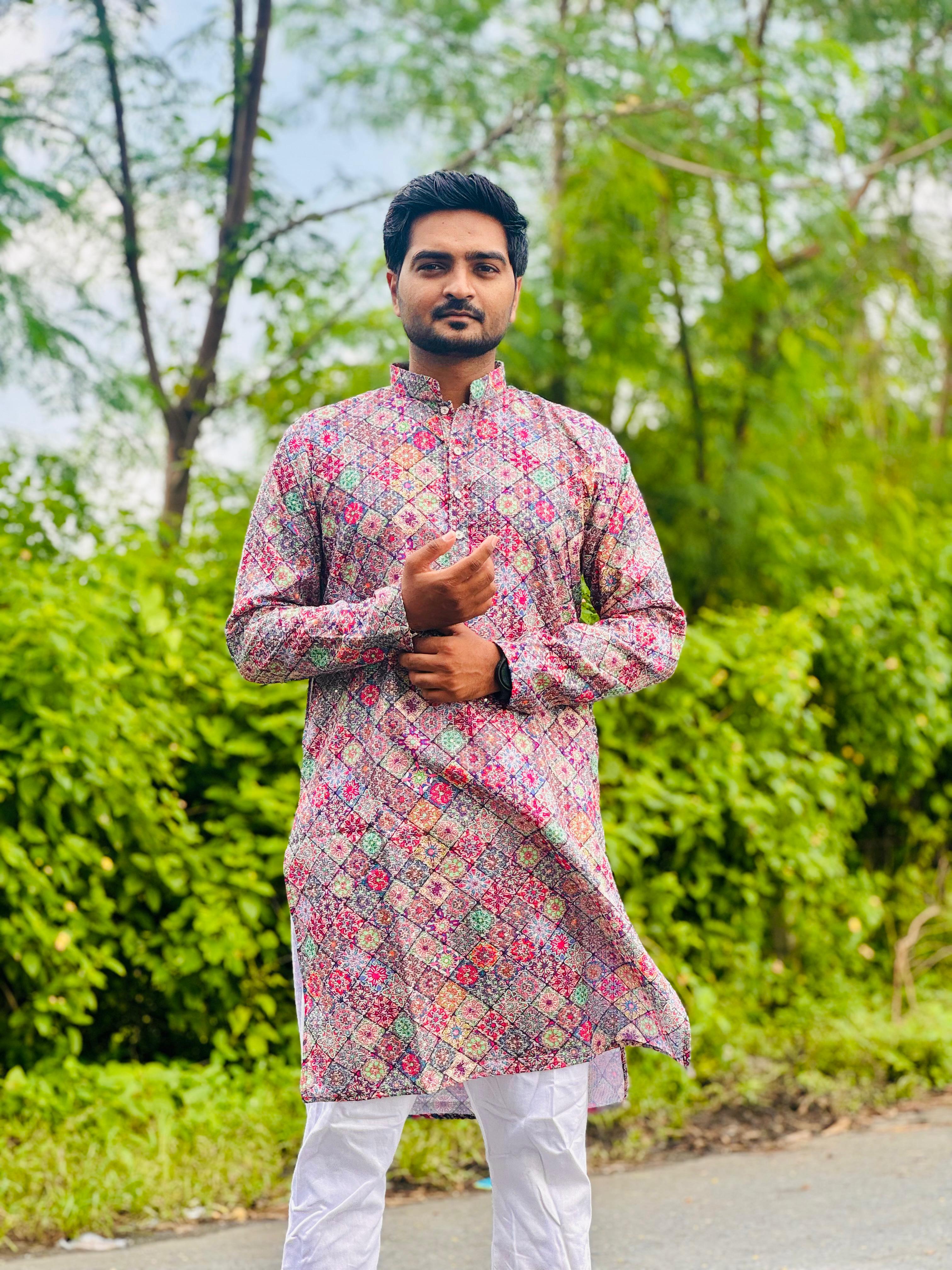 Cotton Kurta with Digital Print in Dark Multicolour