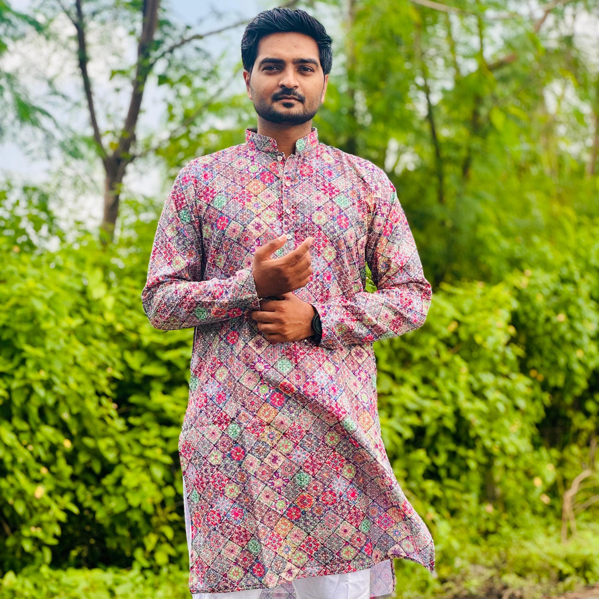 Cotton Kurta with Digital Print in Dark Multicolour