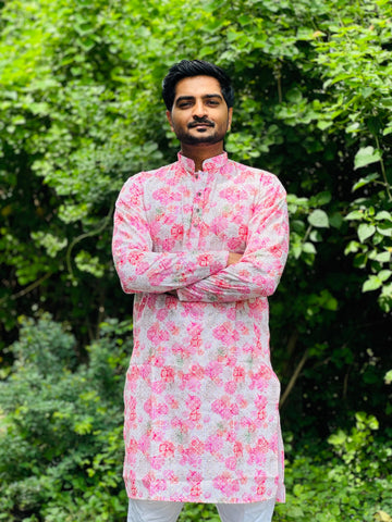 Cotton Kurta with Digital Print in Light Pink