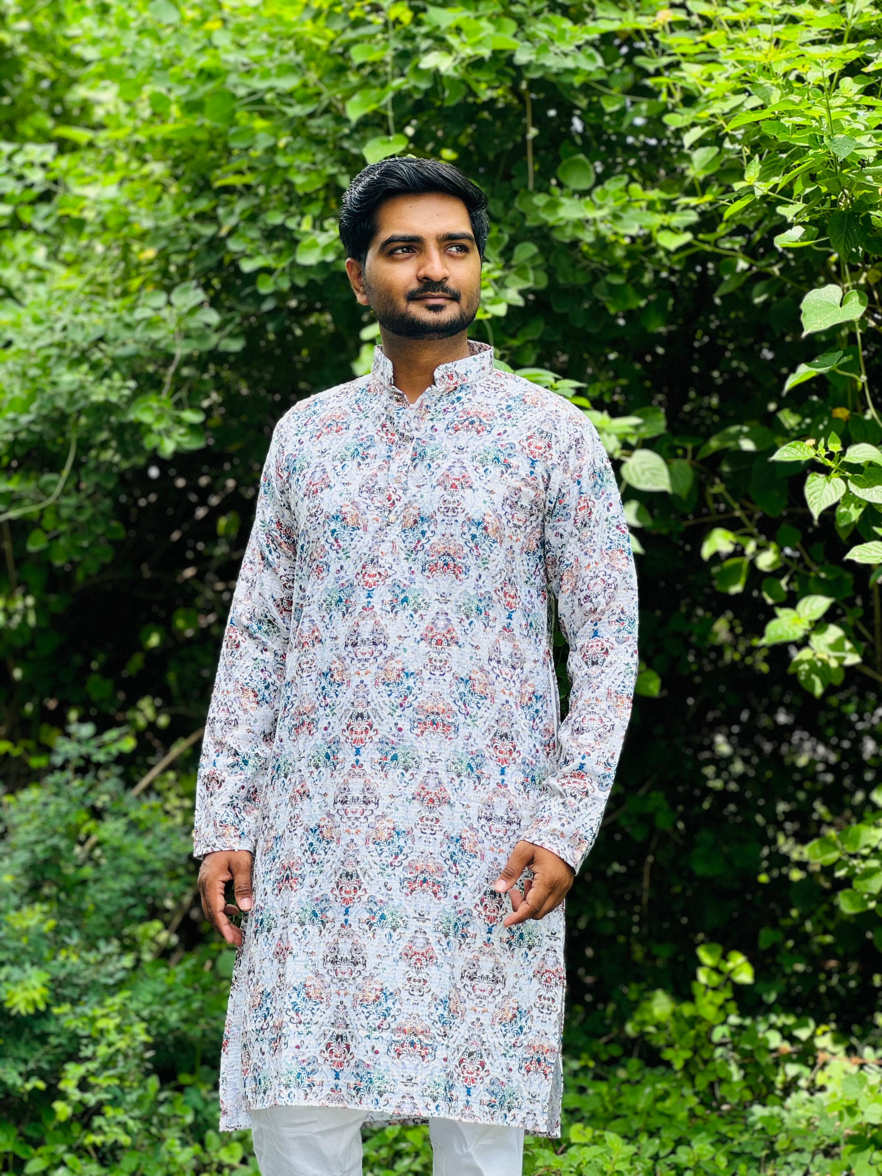 Cotton Kurta with Digital Print in White And Blue Colour.