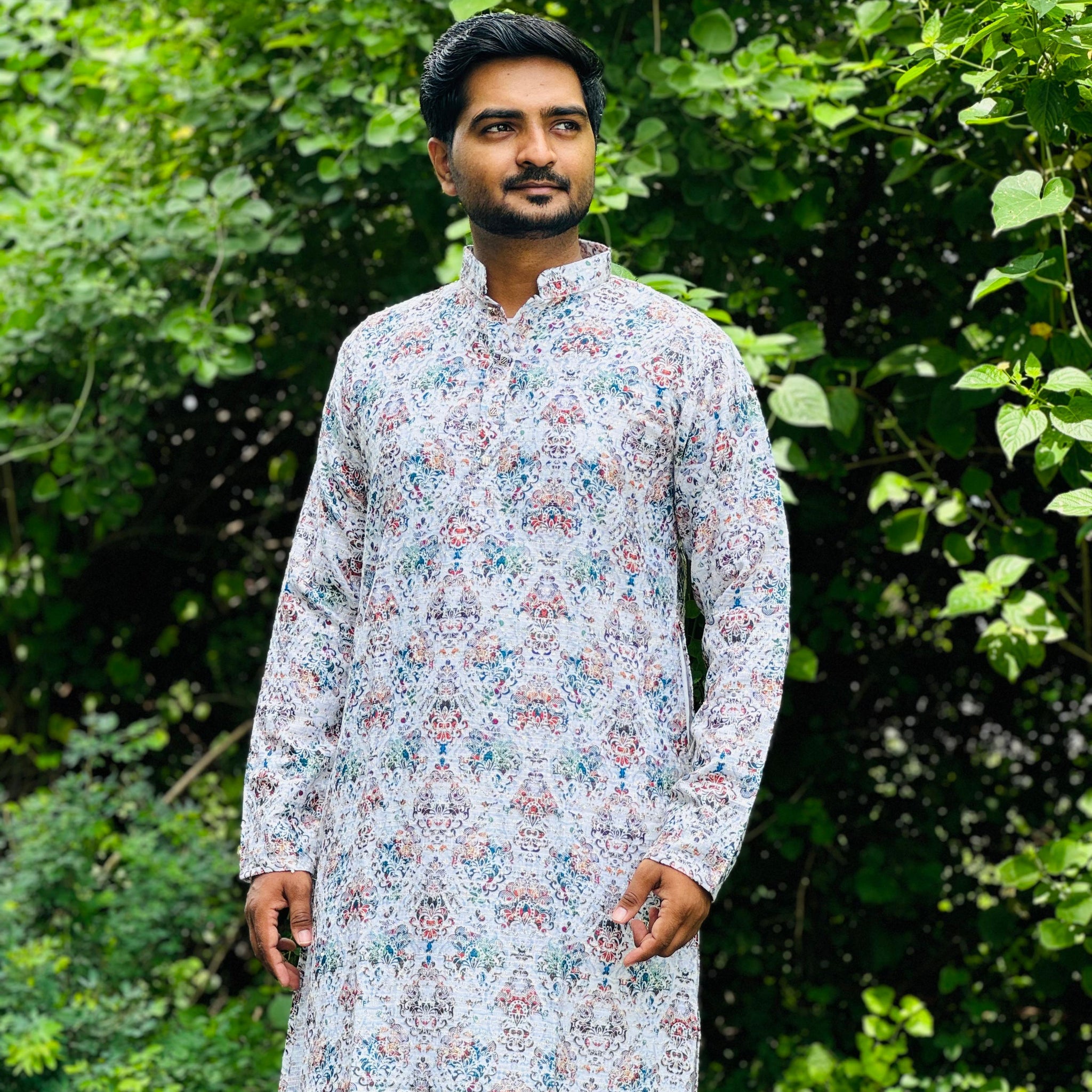 Cotton Kurta with Digital Print in White And Blue Colour.