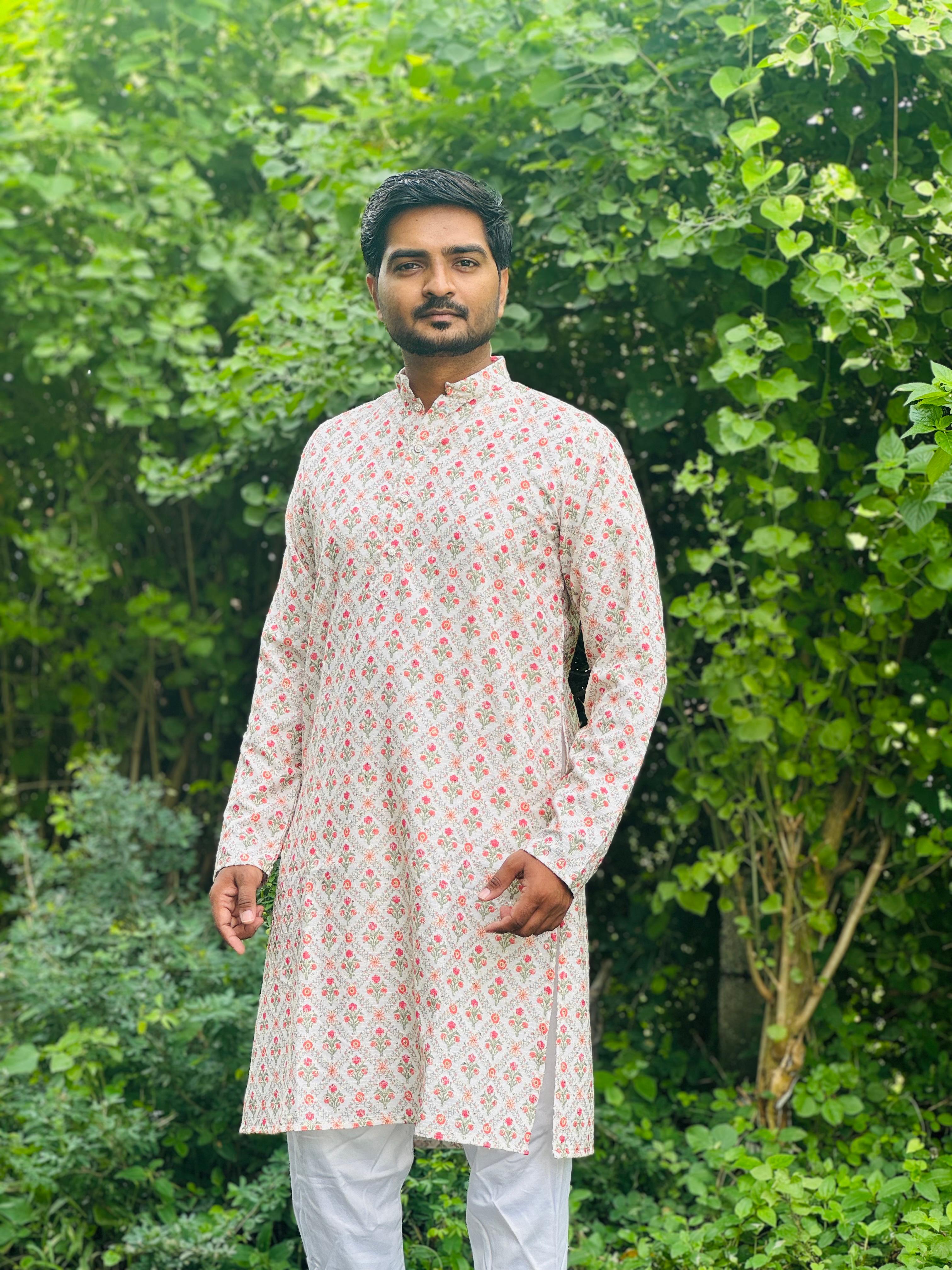 Cotton Kurta with Digital Print in Yellowish Orange.