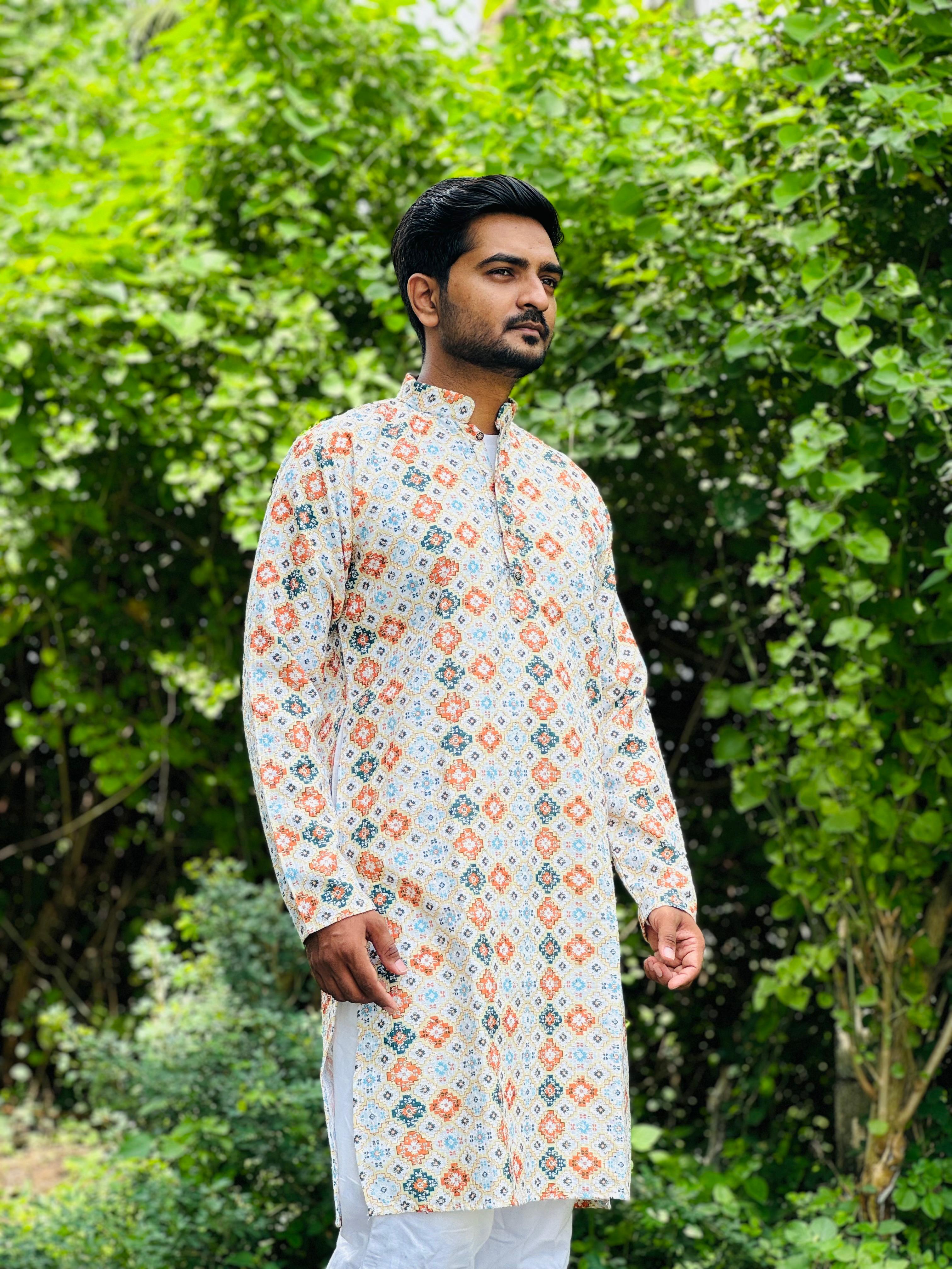 Cotton Kurta with Digital Print in Yellow Colour