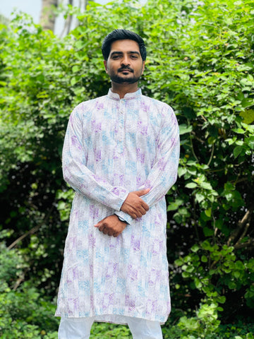 Cotton Kurta with Digital Print in White and Pink Colour.