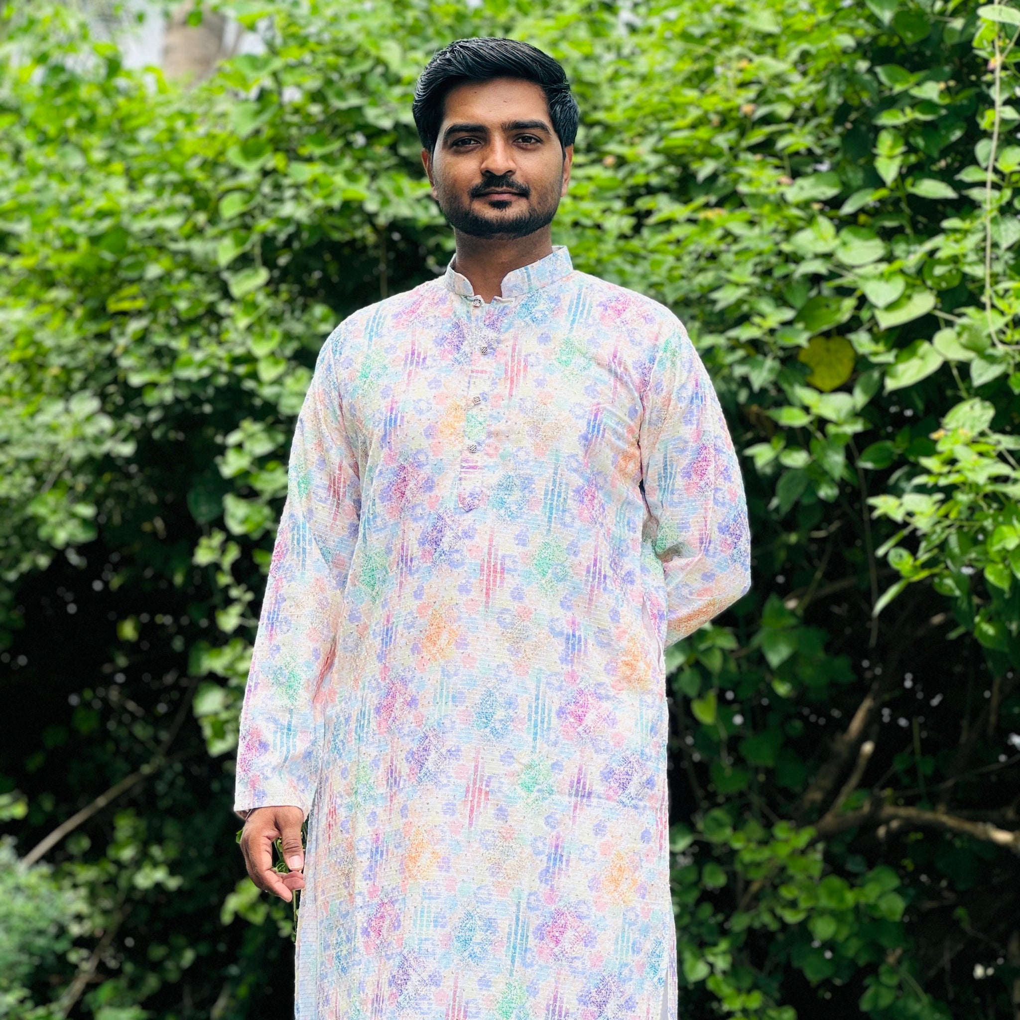 Cotton Kurta with Digital Print in Light Multicolor