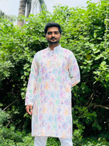 Cotton Kurta with Digital Print in Light Multicolor