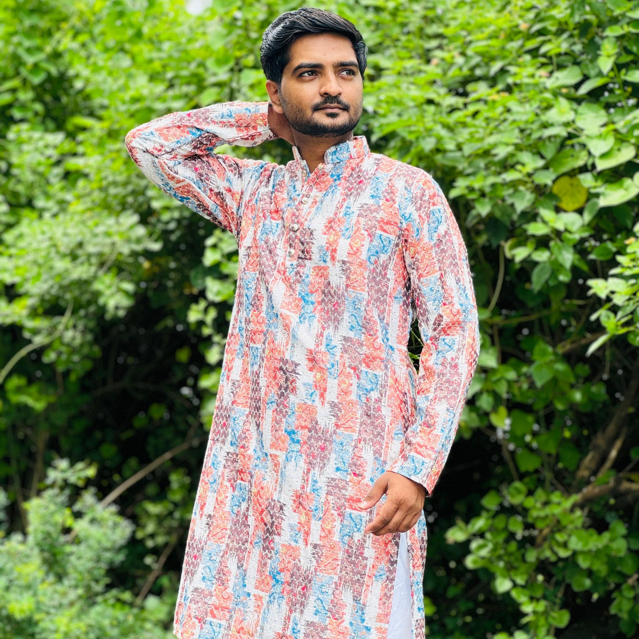 Cotton Kurta with Digital Print in Reddish Orange.