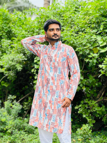 Cotton Kurta with Digital Print in Reddish Orange.