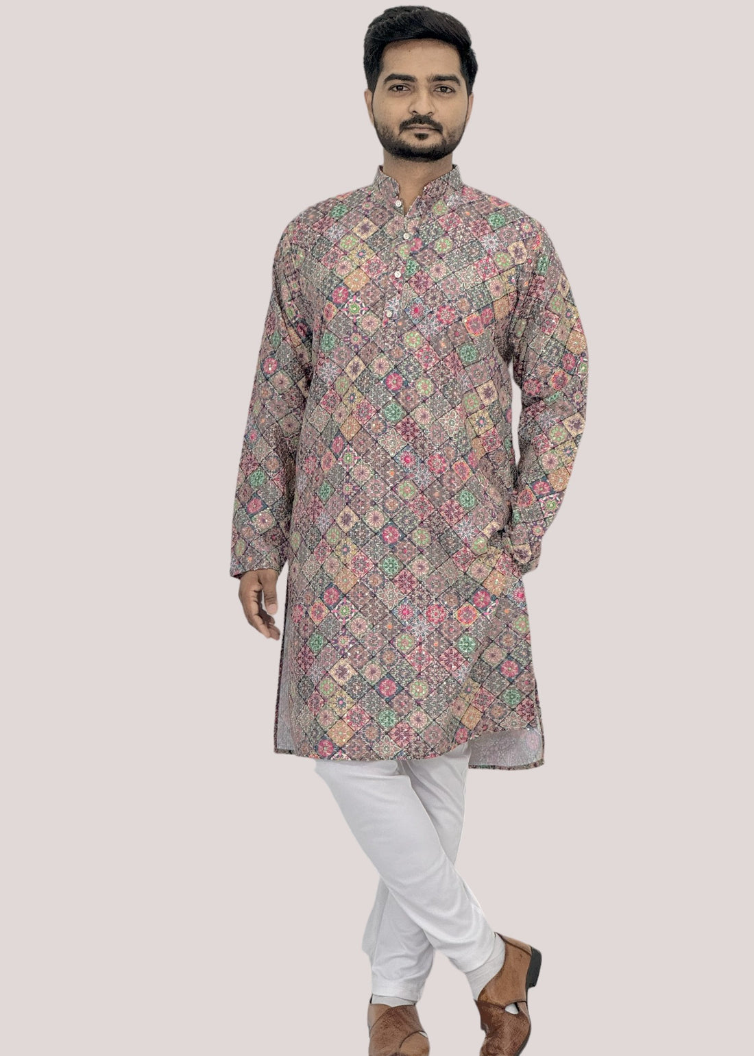 Cotton Kurta with Digital Print in Dark Multicolour