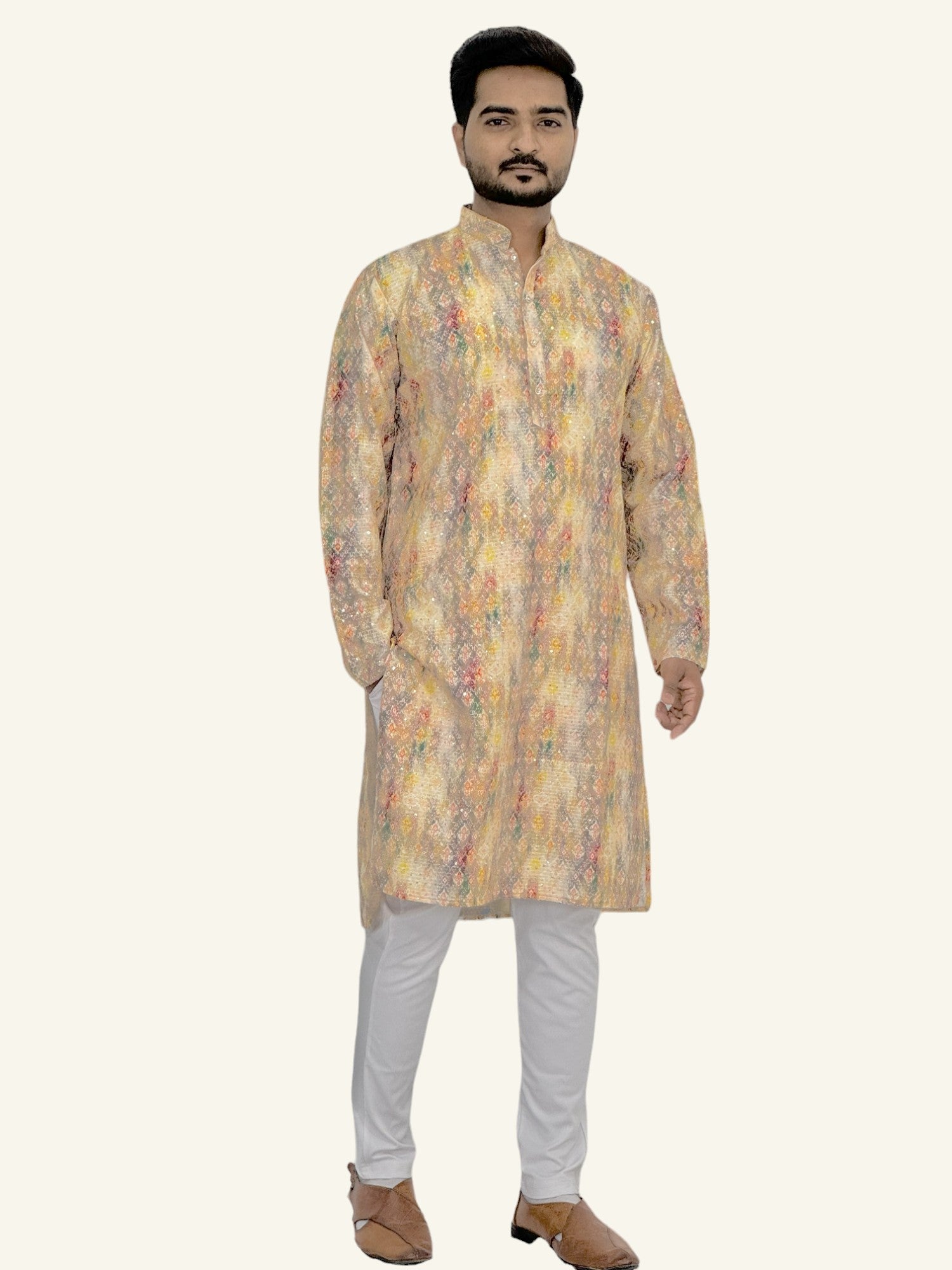 Cotton Kurta with Digital Print in Yellow with Multicolor.