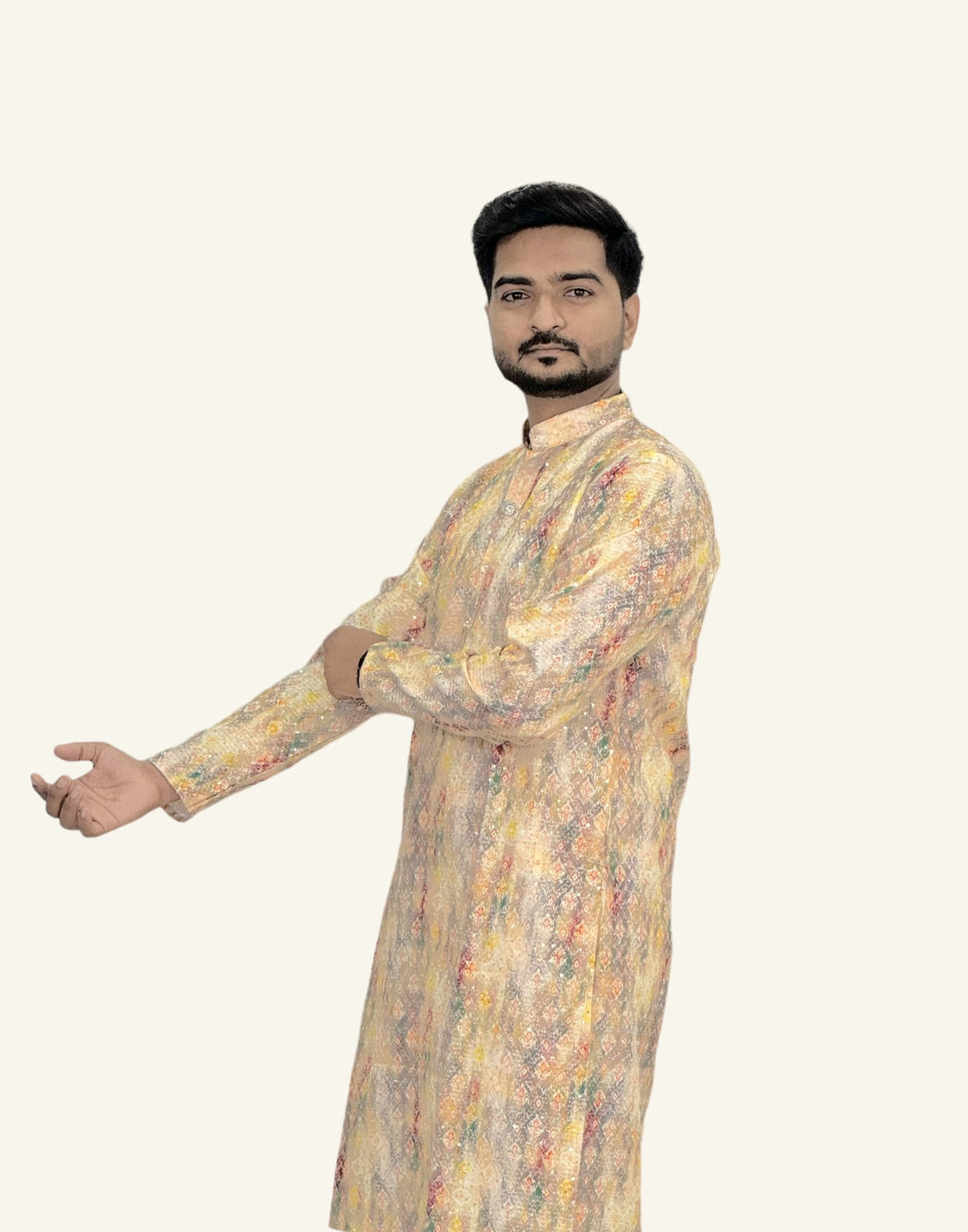 Cotton Kurta with Digital Print in Yellow with Multicolor.