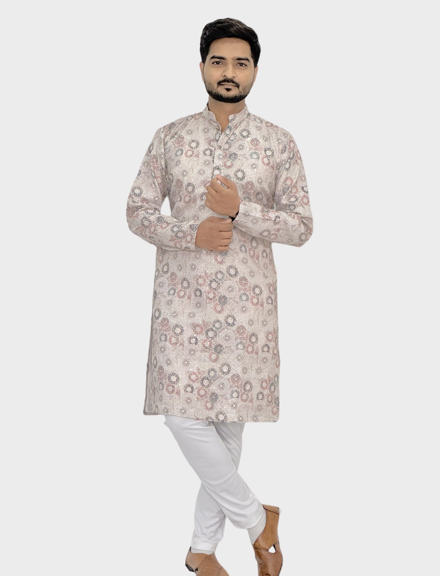 Cotton Kurta with Digital Print in White and Gray Colour.